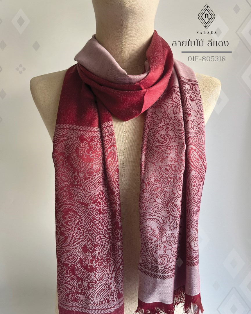 ผ้าคลุมไหล่ลายไทย ลายใบไม้ สีแดง 01F-805318