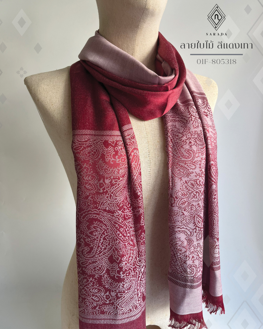 ผ้าคลุมไหล่ลายไทย ลายใบไม้ สีแดงเทา 01F-805318