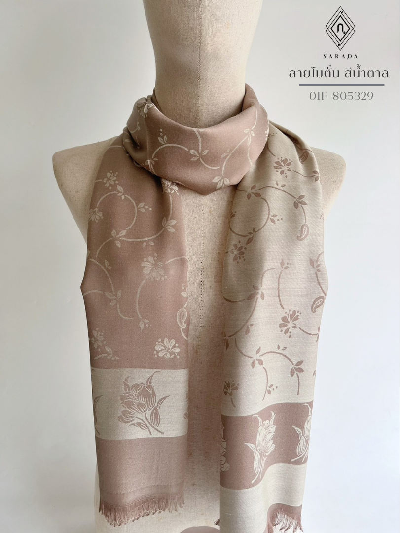 Thai patterned shawl, peony design, brown color 01F-805329