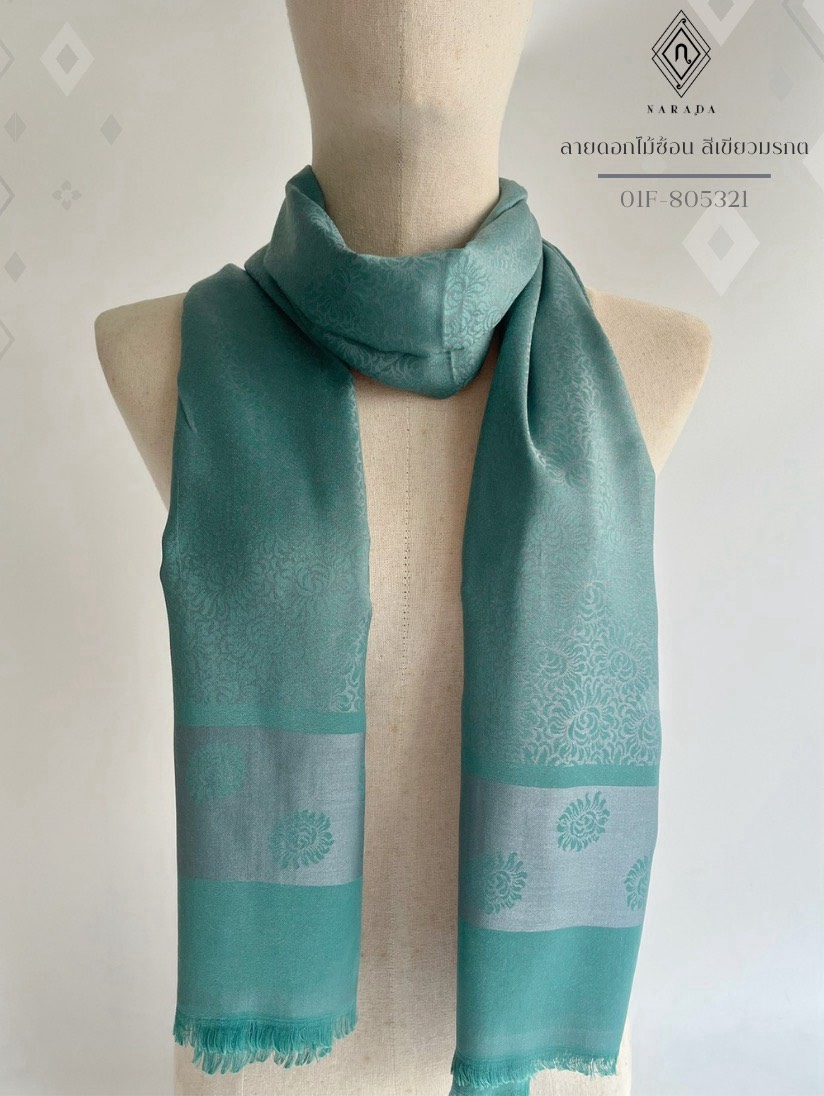 ผ้าคลุมไหล่ลายไทย ลายดอกไม้ซ้อน สีเขียวมรกต 01F-805321