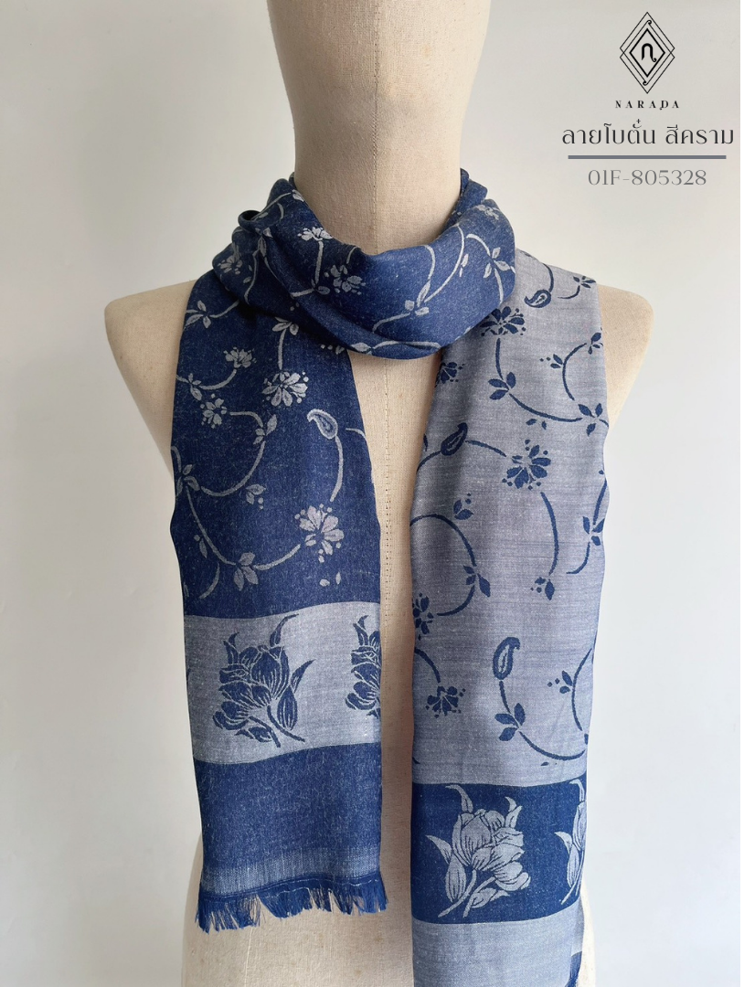 Thai patterned shawl, peony design, indigo color. 01F-805328