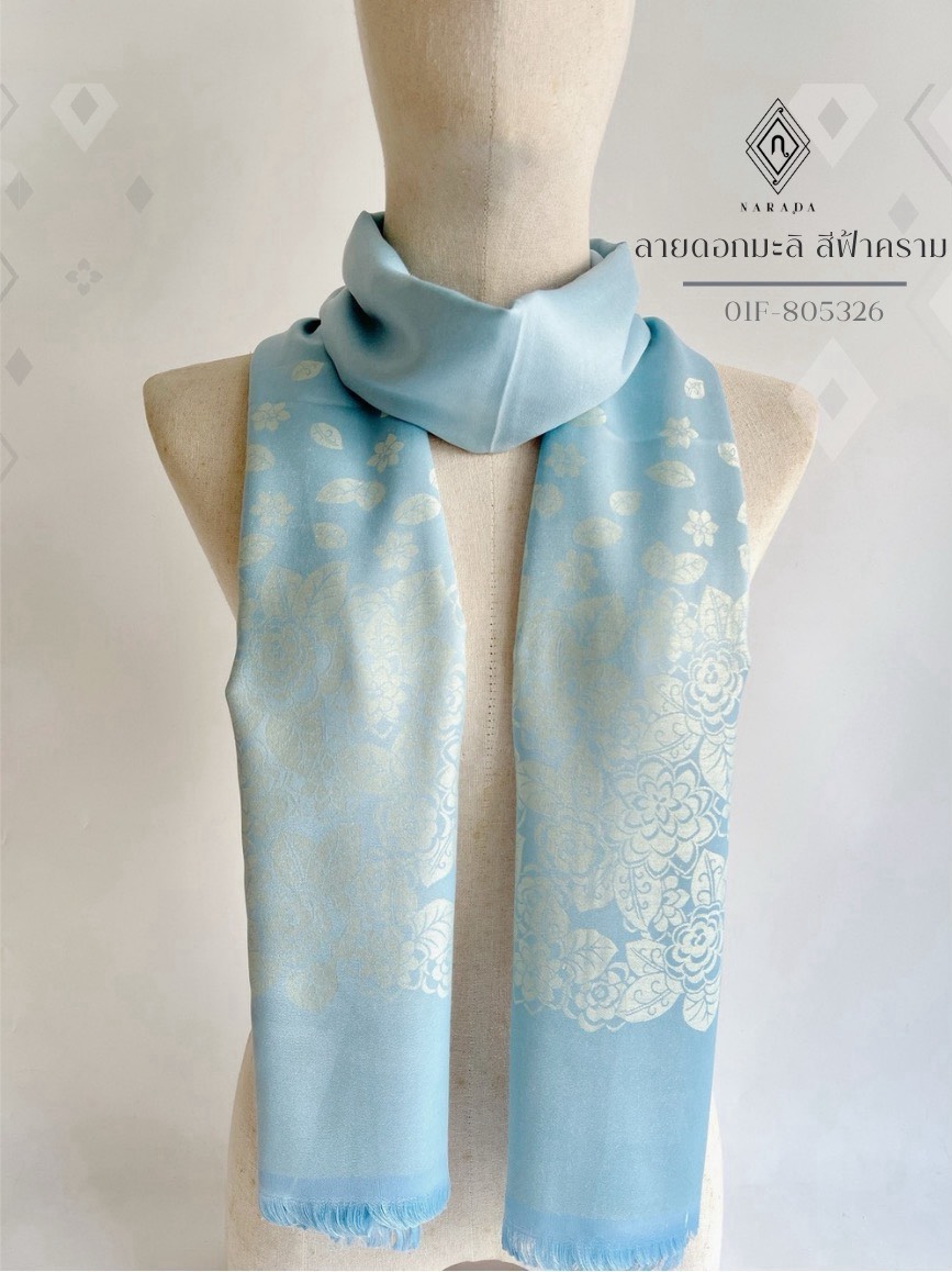 Thai patterned shawl with jasmine floral design, indigo blue color. 01F-805326