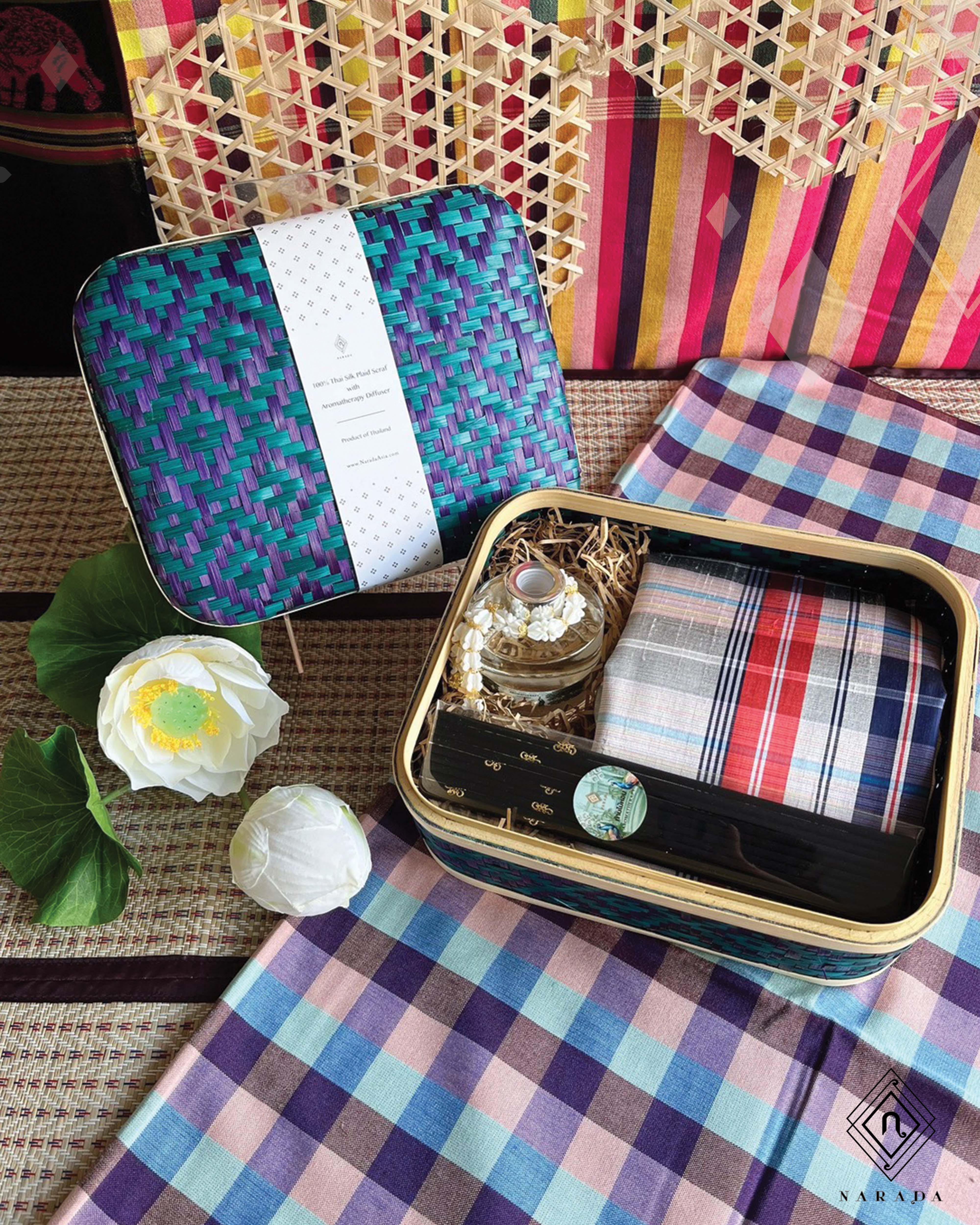 Thai Scented Set with Authentic Silk Sarong in Bamboo Box - TT218